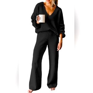 Women's 2 Piece V Neck Knit Pullover Sweater Top High Waist Wide Legs Lounge Set
